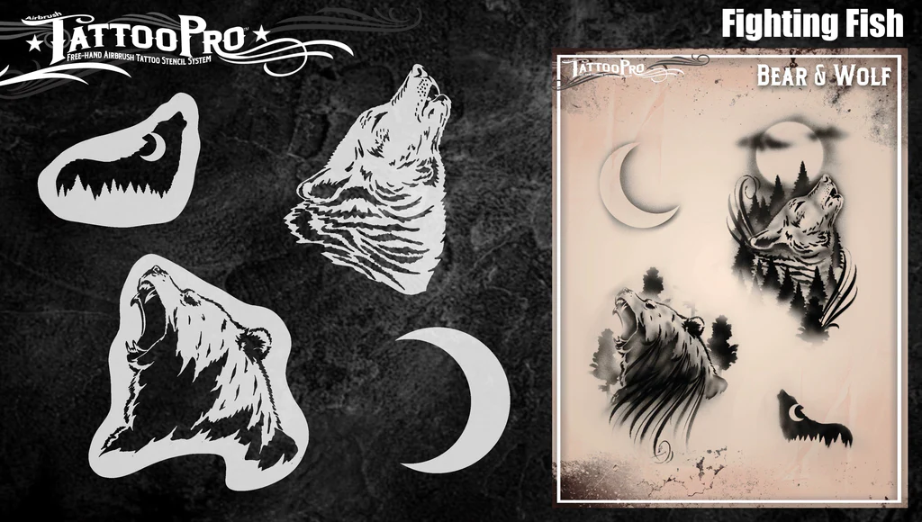 Tattoo Pro™ Wiser's Airbrush TattooPro Stencil – Wolf & Bear - Afbeelding 2