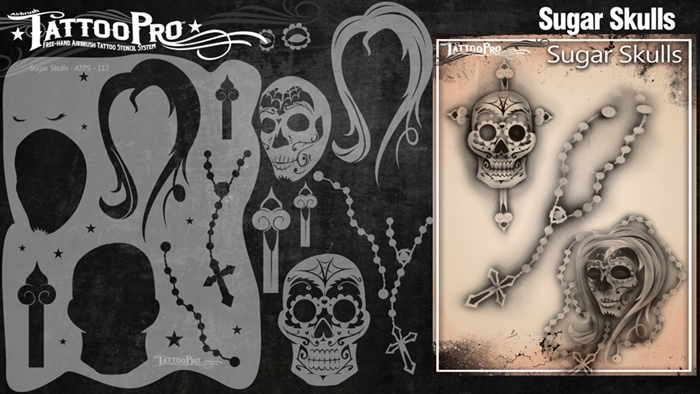 Tattoo Pro™ Wiser's Airbrush TattooPro Stencil - Sugar Skulls - Afbeelding 2