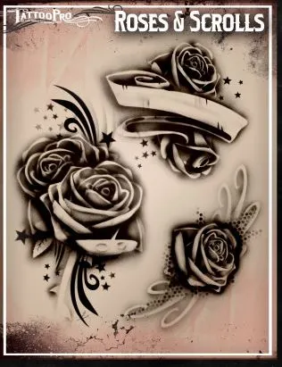 Tattoo Pro™ Wiser's Airbrush TattooPro Stencil - Roses And Scrolls